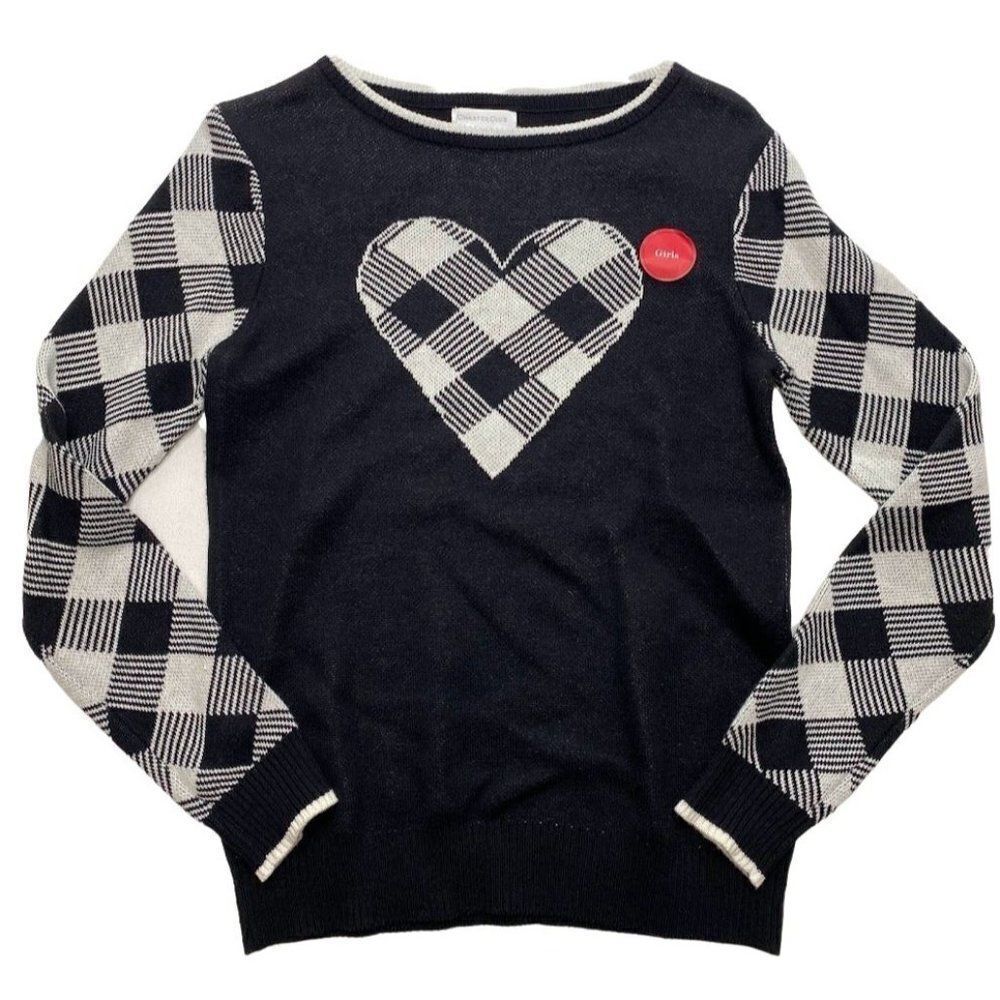 Charter Club GIRLS Black White Sweater‎ Top  Heart Plaid Sz Large NWOT